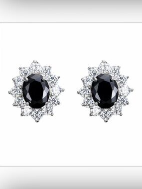 Black Oval Halo Stud Earrings Silver Tone Clear Stone Vintage Style Studs